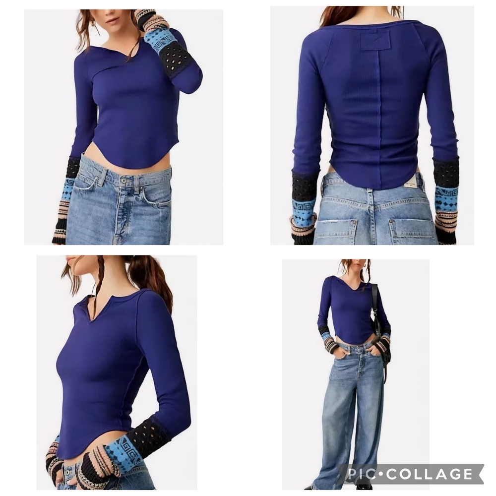 We The Free Royal Blue Top with Patterned Sleeves
